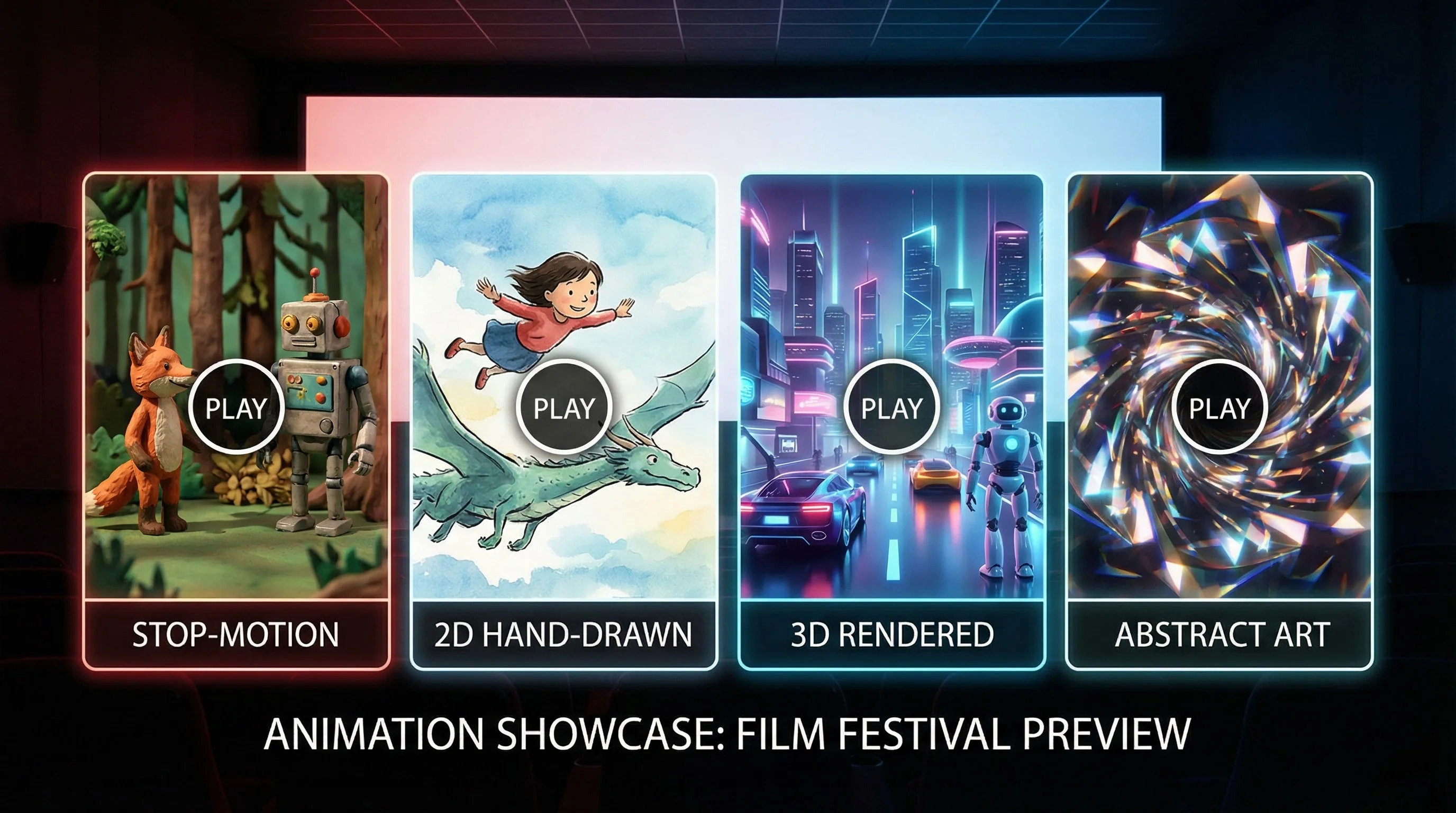 九一视频动画预告片合集横幅 - 定格动画、2D手绘、3D渲染、抽象艺术四种风格预览